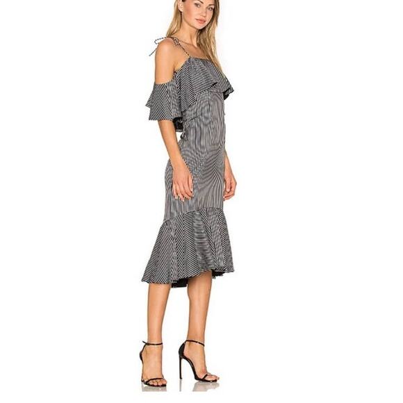 Amur Francesca Women Black White Satin Stripes Cold Shoulder Ruffle Dress Sz 6 - Picture 1 of 8